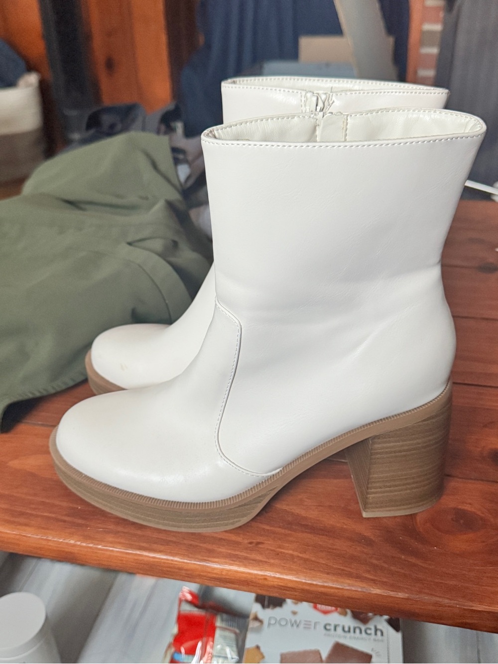 White Leather Block Heel Ankle Boots